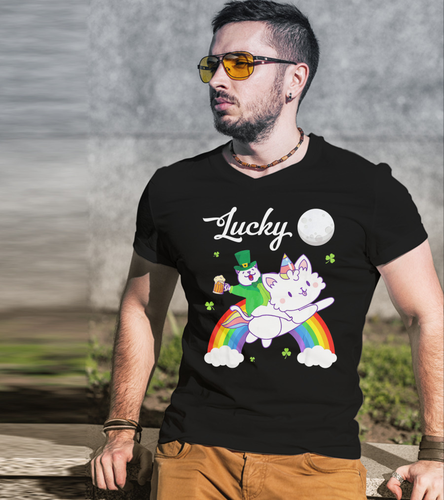 Lucky Leprechaun Cat Riding Unicorn Cat Over Rainbow With Beer And Moon T-Shirt