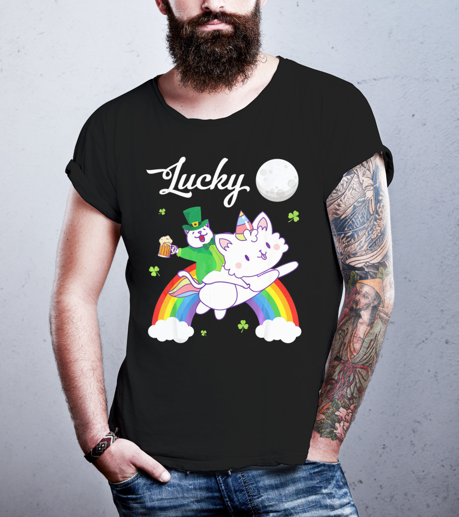 Lucky Leprechaun Cat Riding Unicorn Cat Over Rainbow With Beer And Moon T-Shirt