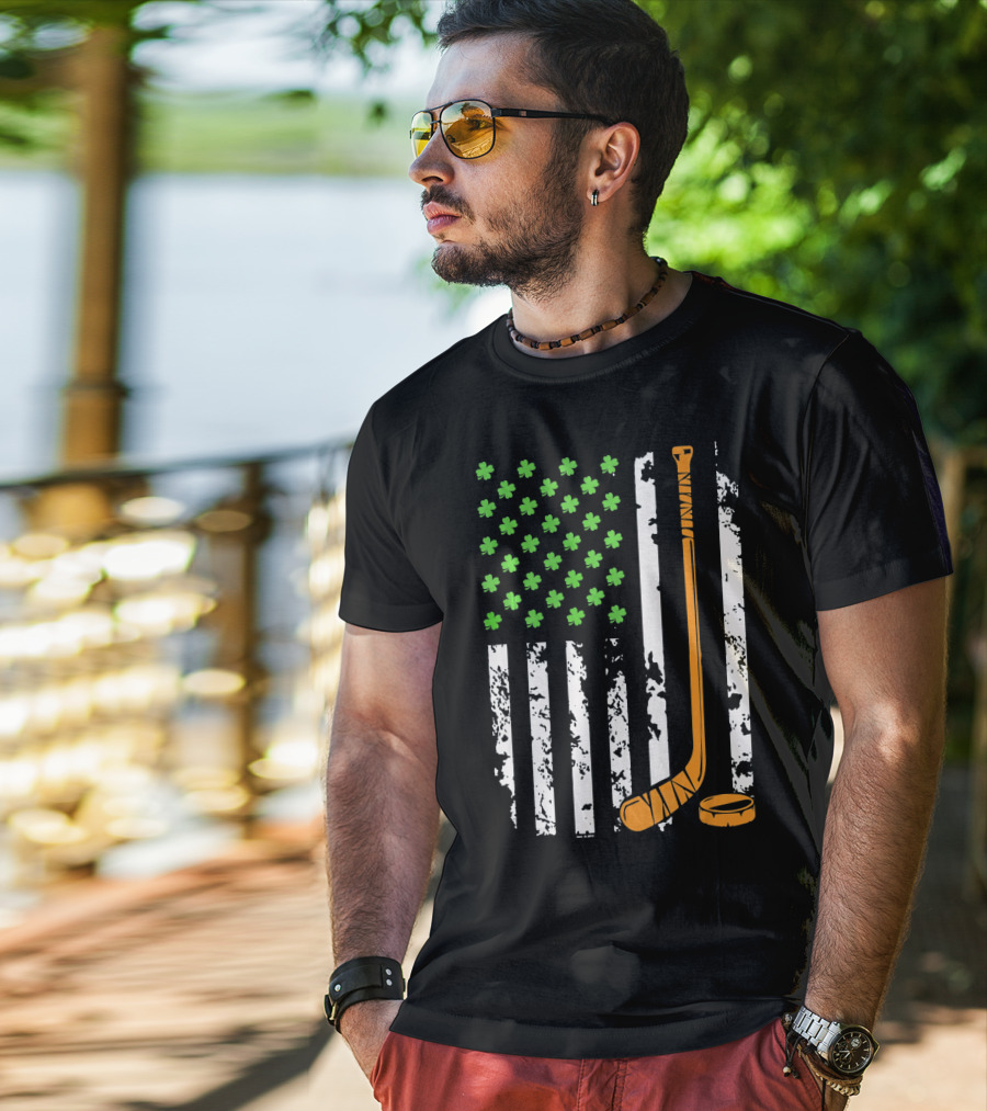 Irish American Hockey Sticks And Shamrocks Flag T-Shirt