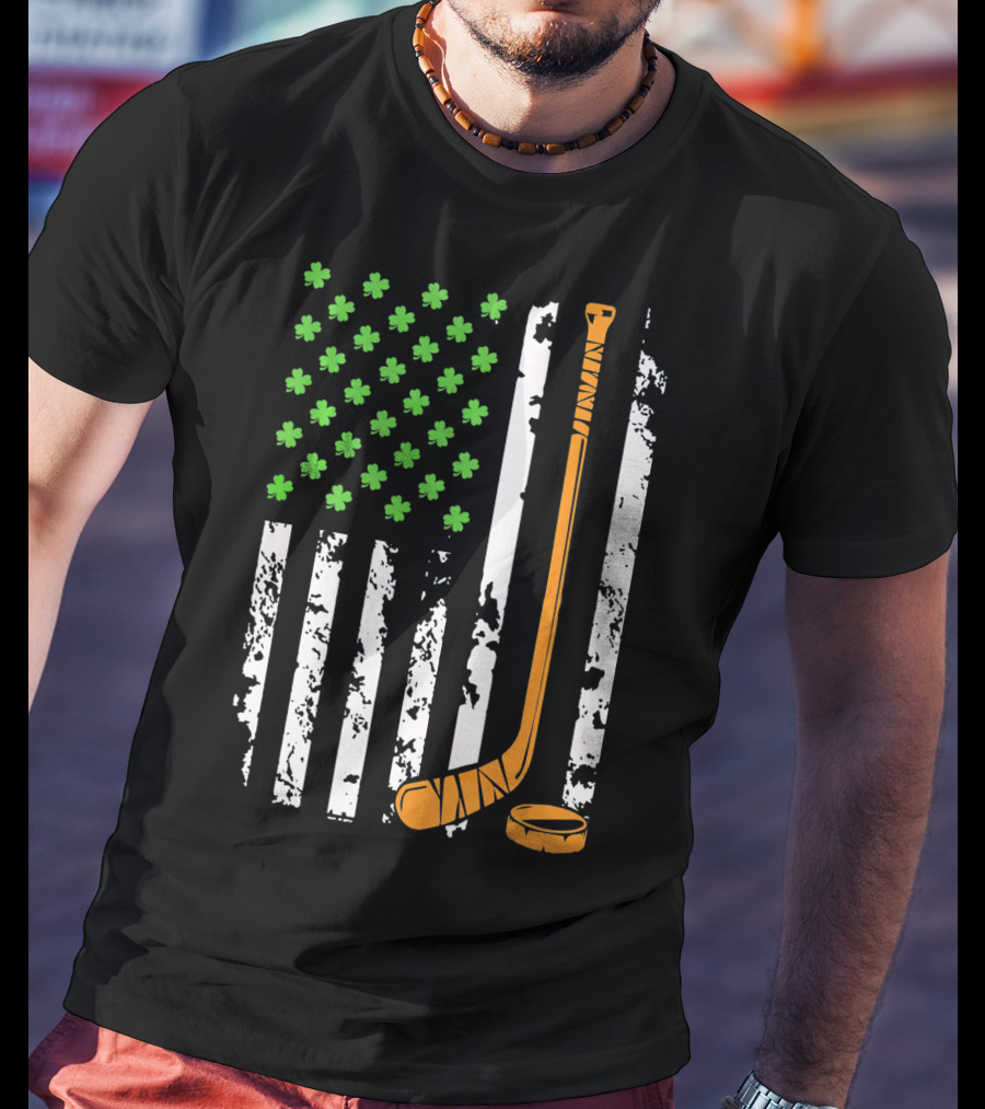 Irish American Hockey Sticks And Shamrocks Flag T-Shirt