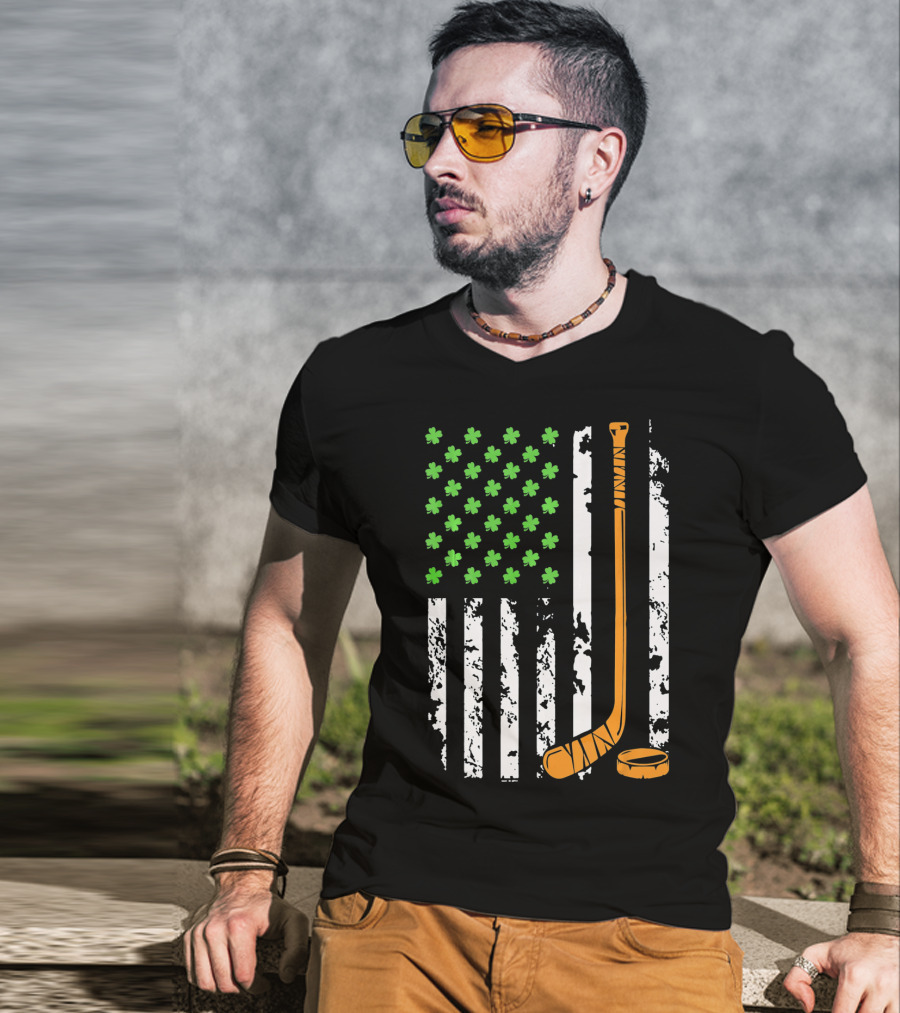 Irish American Hockey Sticks And Shamrocks Flag T-Shirt