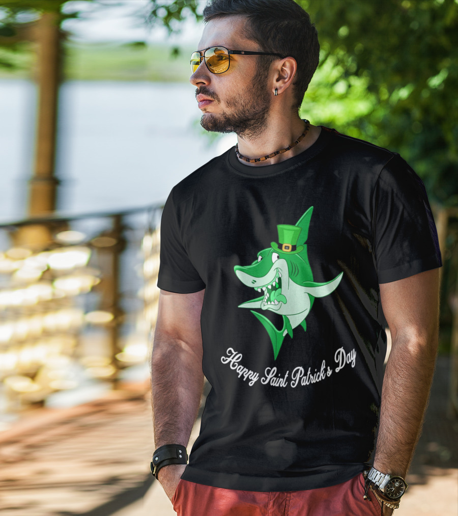 Happy Saint Patrick's Day Cute Shark Wearing Green Hat T-Shirt
