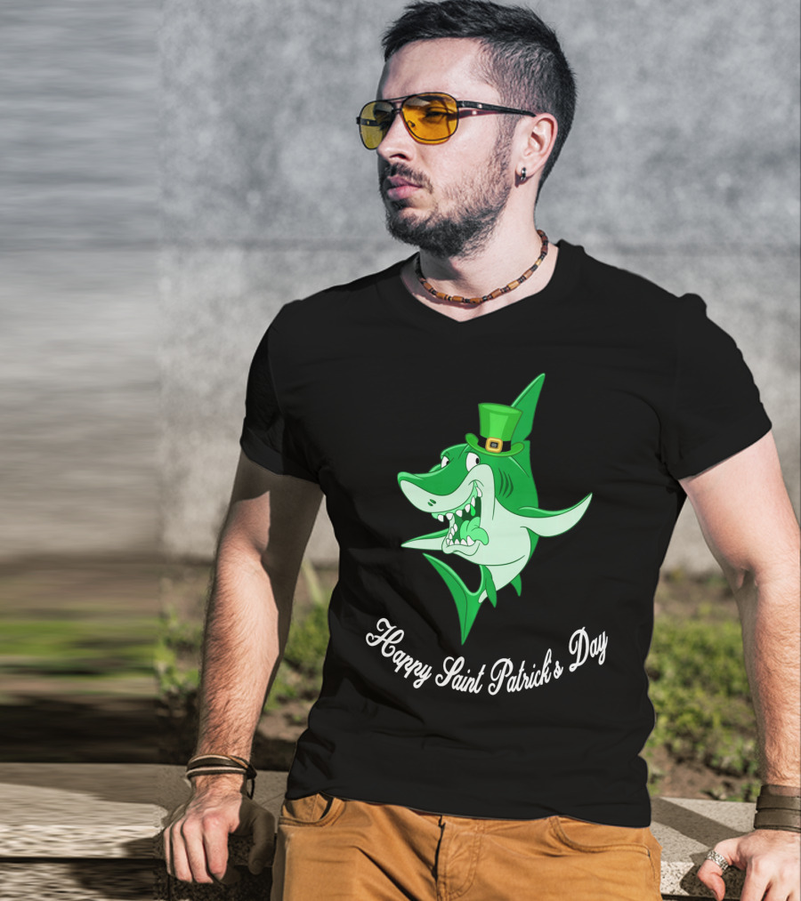 Happy Saint Patrick's Day Cute Shark Wearing Green Hat T-Shirt