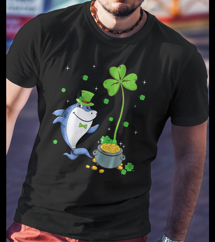 St Patricks Shamrock Leprechaun Shark With Pot Of Gold T-Shirt