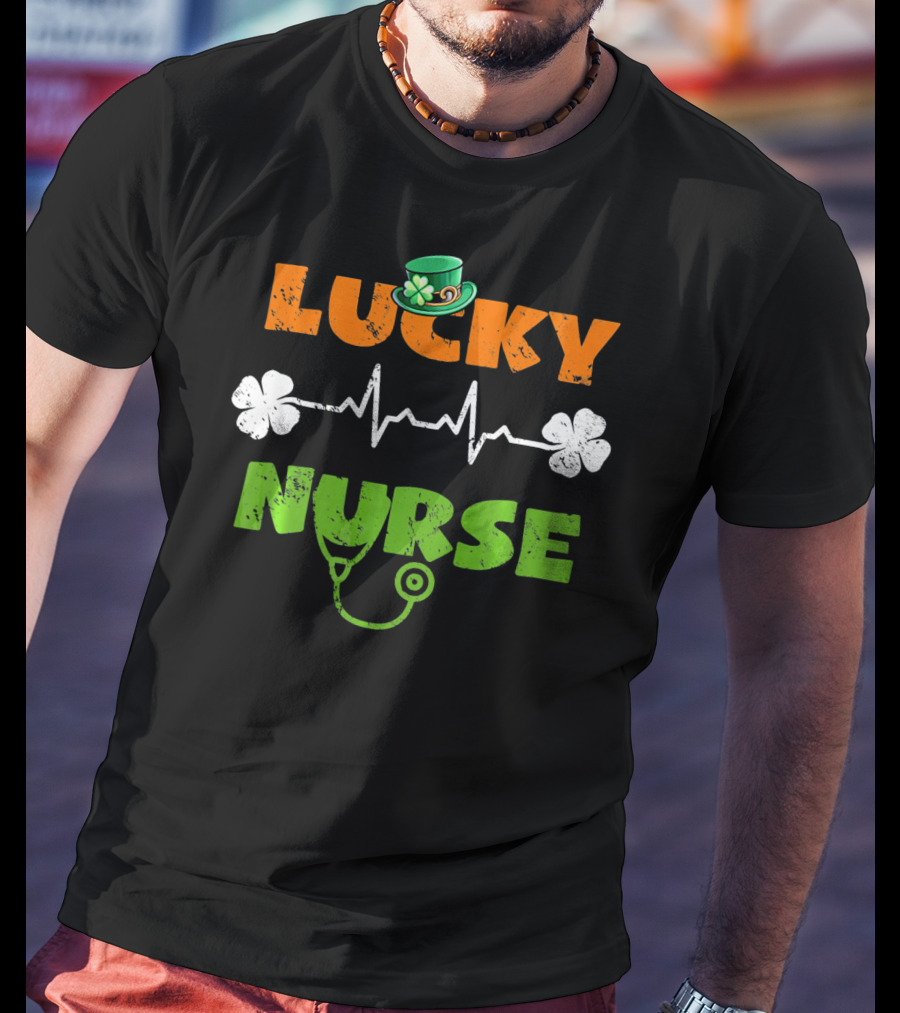 Lucky Nurse Shamrock Heartbeat Stethoscope Hat T-Shirt