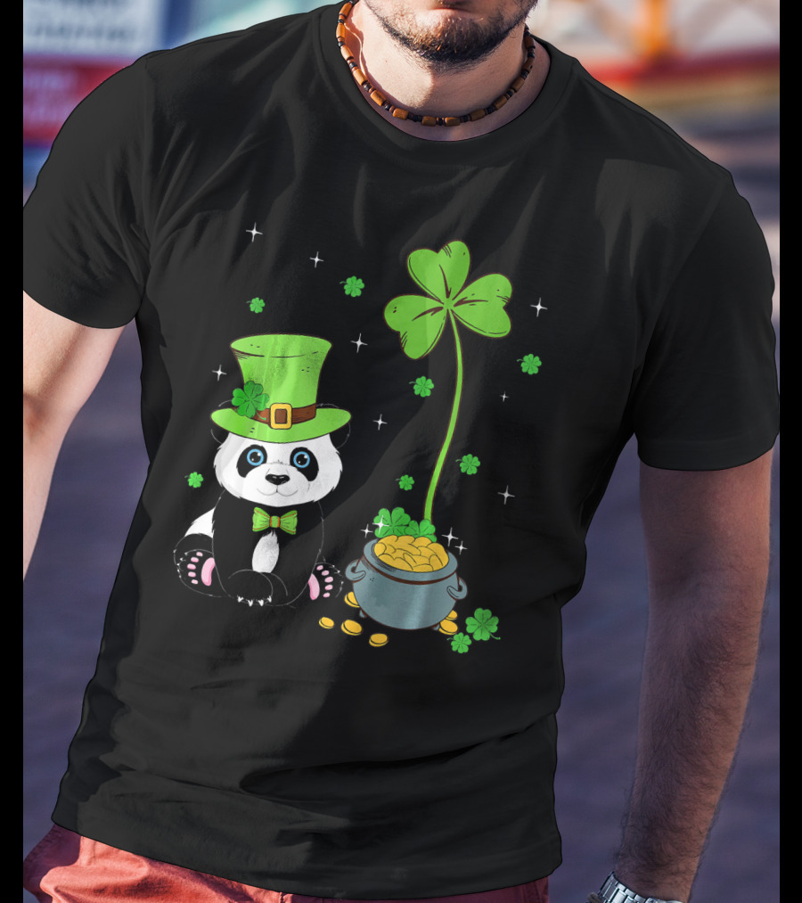 Shamrock Leprechaun Panda St Patricks Pot Of Gold T-Shirt
