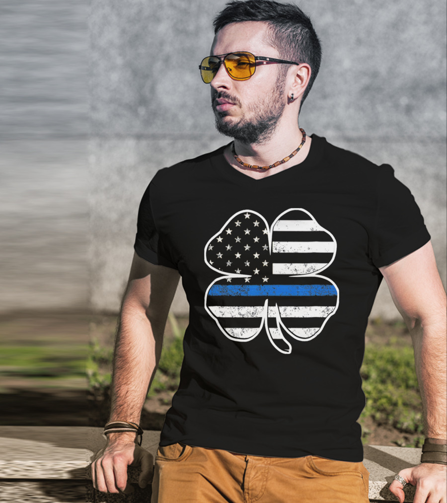 Police Flag Thin Blue Line Shamrock T-Shirt
