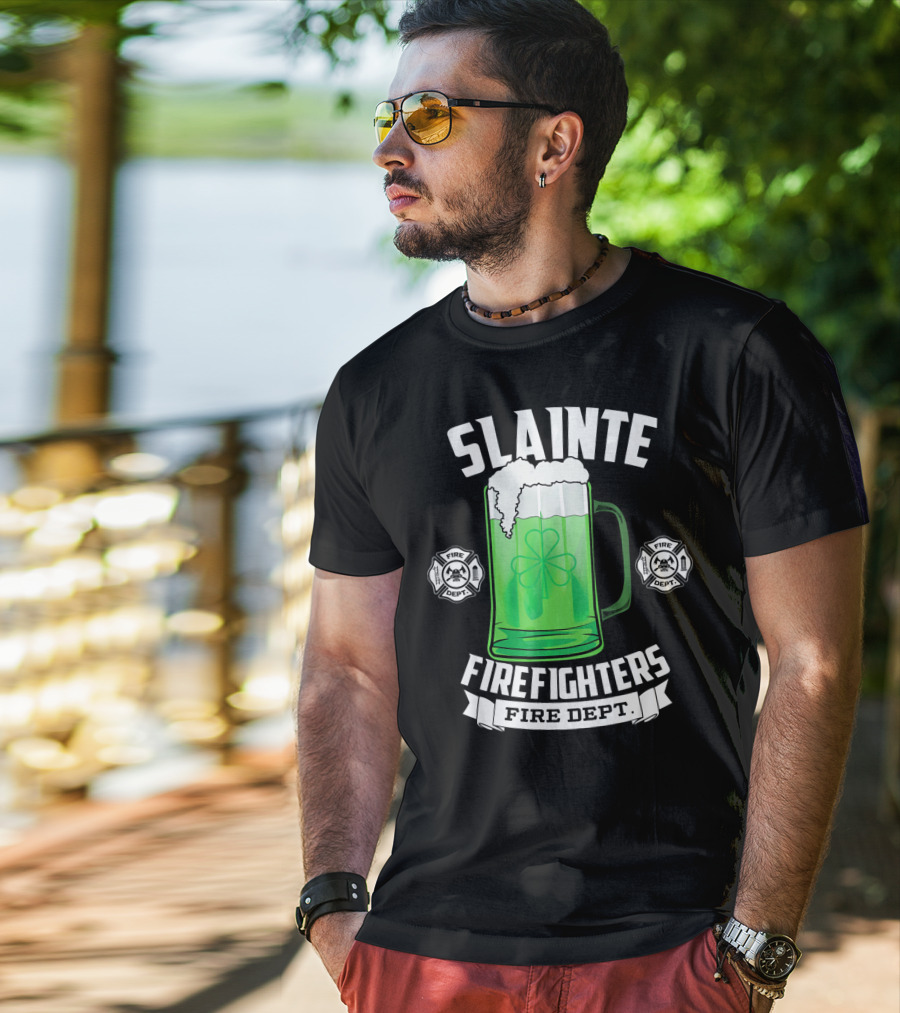 Slainte Shamrock Beer Firefighters Fire Dept T-Shirt