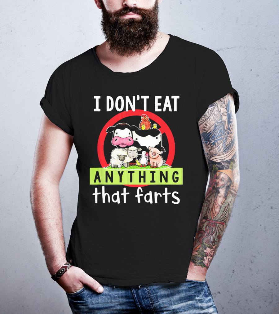 I Don't Eat Anything That Farts Vegetaria Cow Sheep Pig Chicken Cartoon T-Shirt