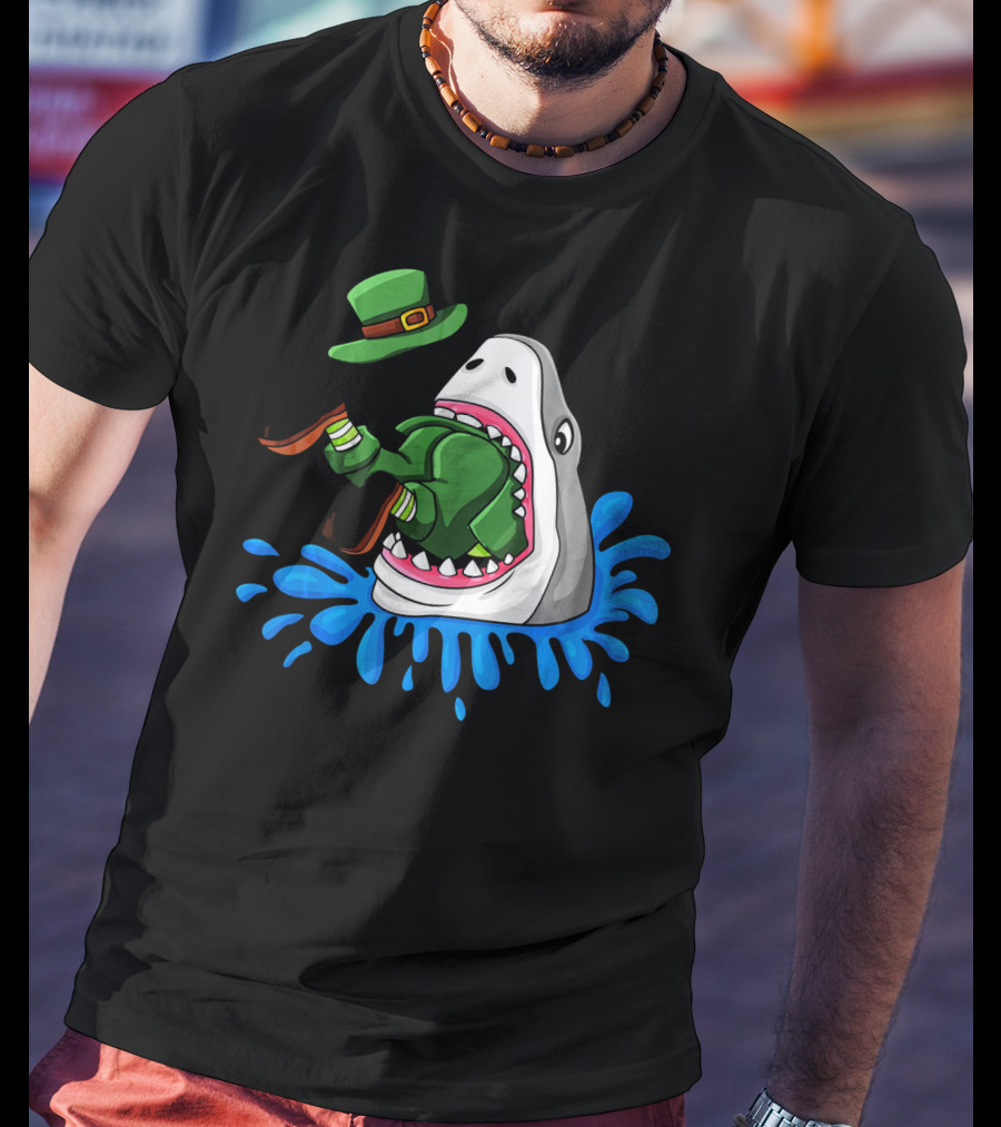 Shark Swallowing Green Leprechaun Hat Splashing Water T-Shirt