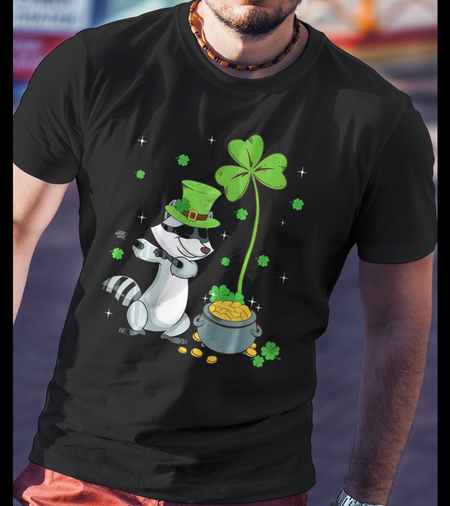 Shamrock Leprechaun Raccoon With Pot Of Gold And Clover St Patricks T-Shirt