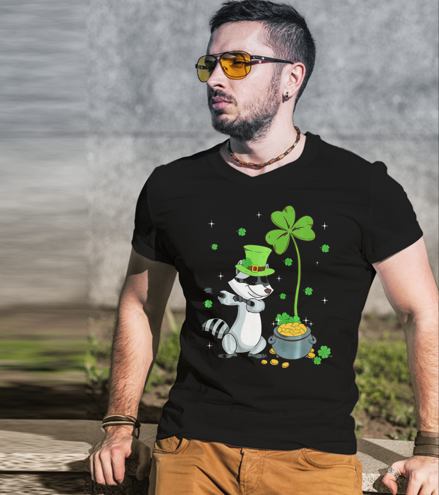 Shamrock Leprechaun Raccoon With Pot Of Gold And Clover St Patricks T-Shirt