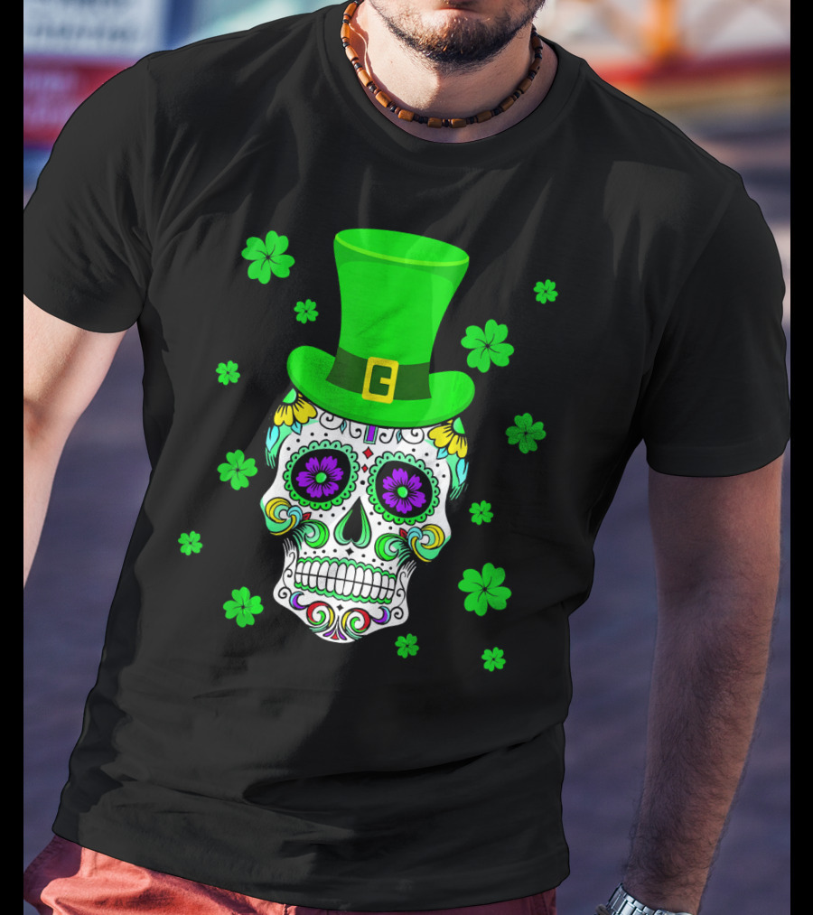 Leprechaun Sugar Skull Shamrock St Patrick's Day T-Shirt