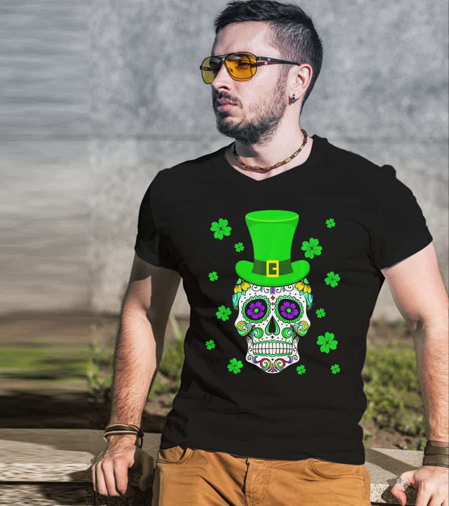 Leprechaun Sugar Skull Shamrock St Patrick's Day T-Shirt