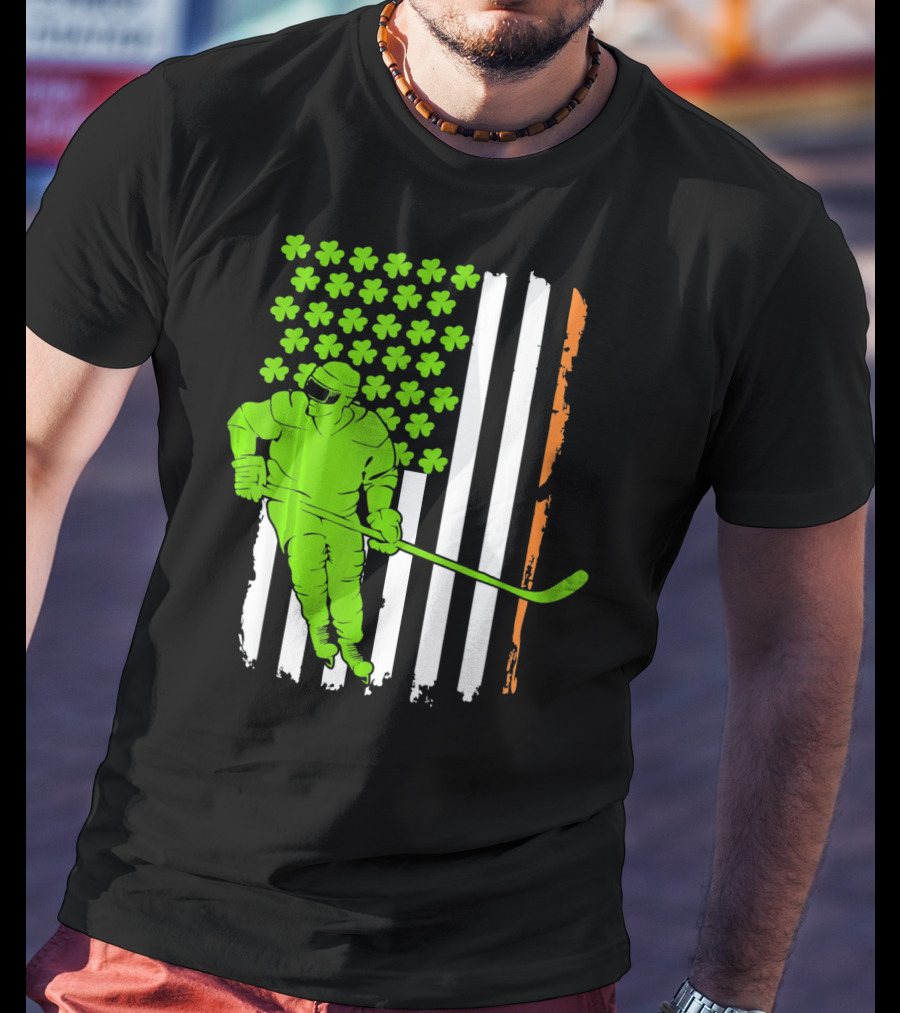 Irish American Flag St Pat Hockey Player Shamrock Stars T-Shirt
