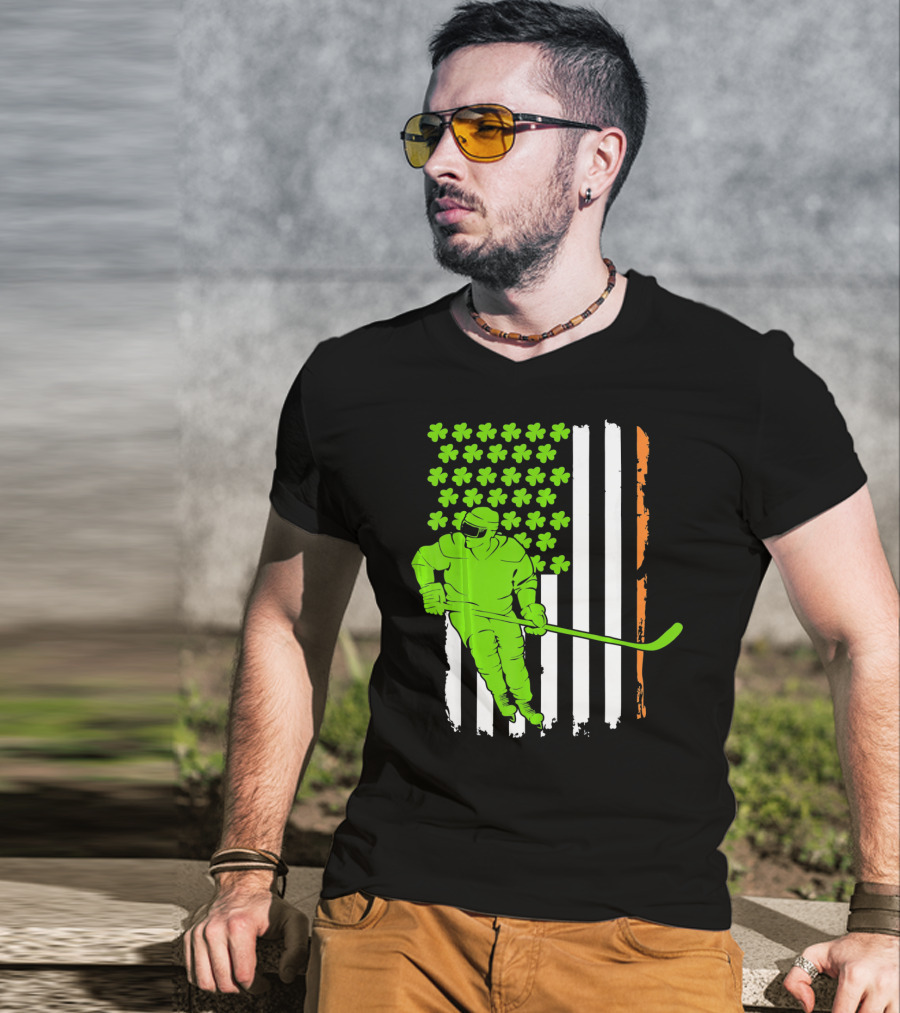Irish American Flag St Pat Hockey Player Shamrock Stars T-Shirt