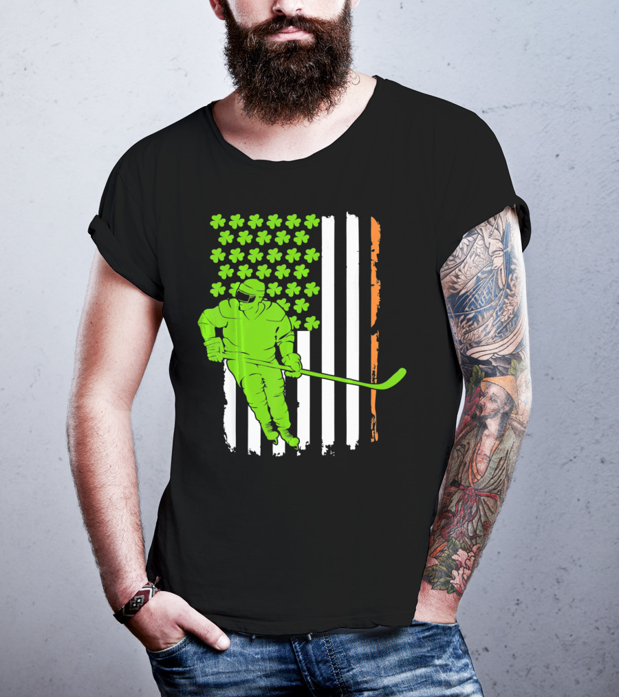 Irish American Flag St Pat Hockey Player Shamrock Stars T-Shirt