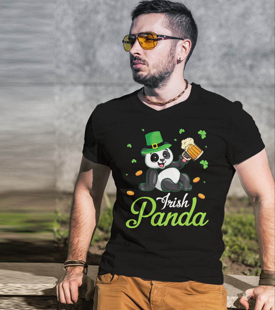 Irish Panda Leprechaun Drinking Shamrocks Go T-Shirt