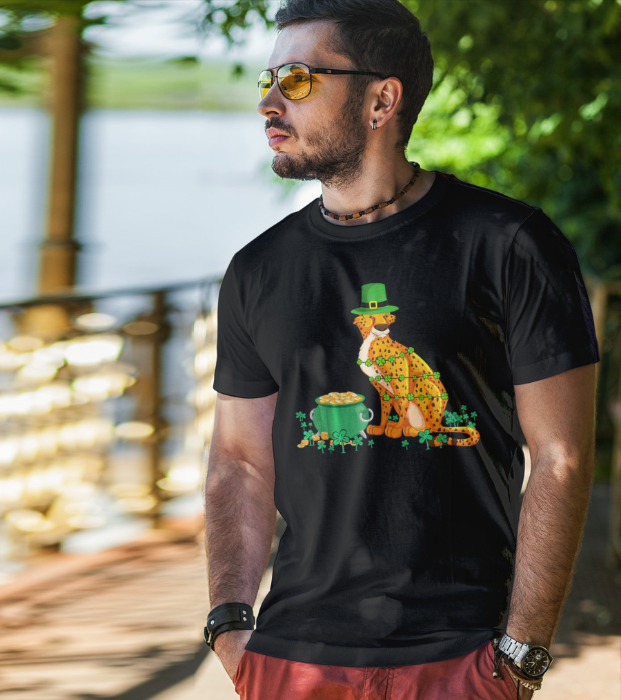 Leprechaun Cheetah Covered In Shamrocks With Pot Of Gold T-Shirt