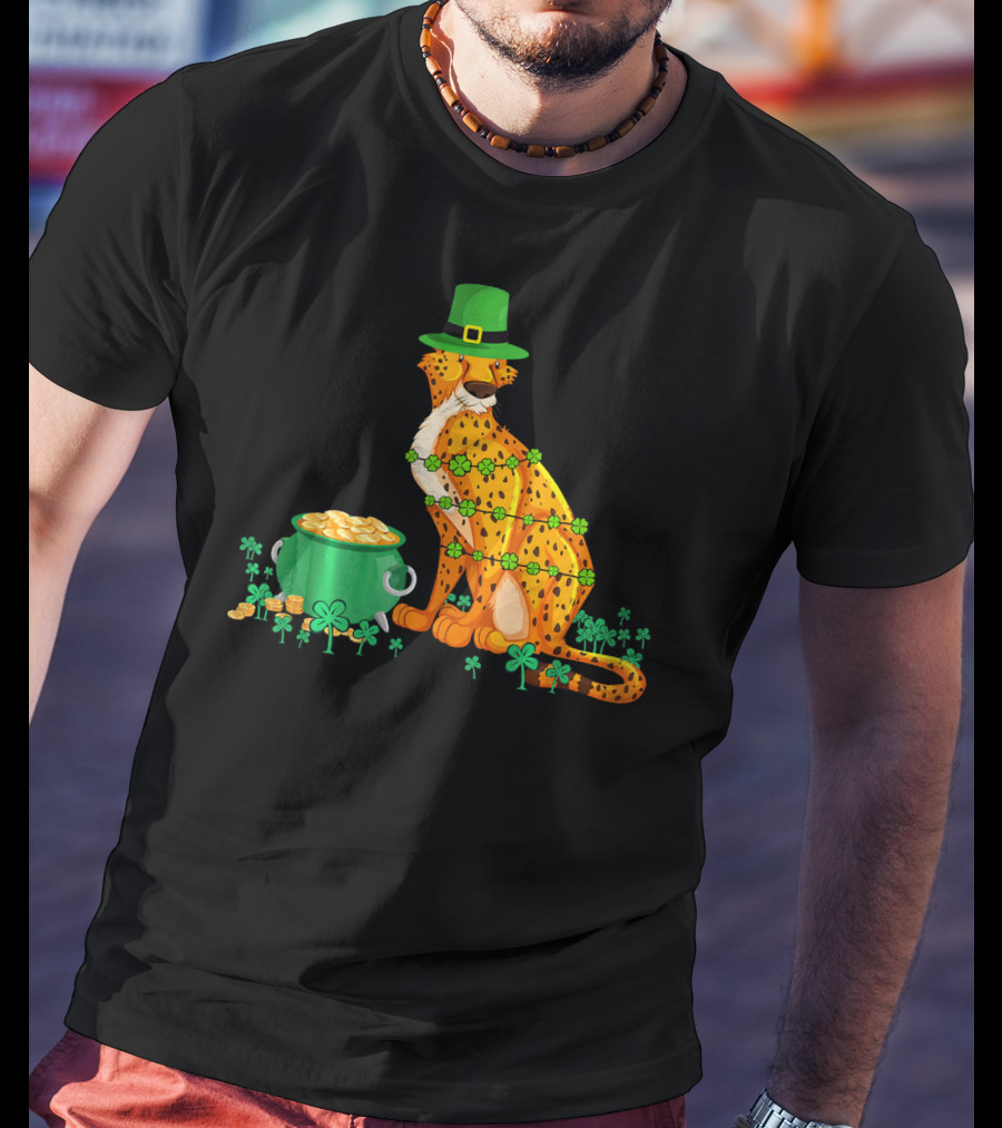 Leprechaun Cheetah Covered In Shamrocks With Pot Of Gold T-Shirt