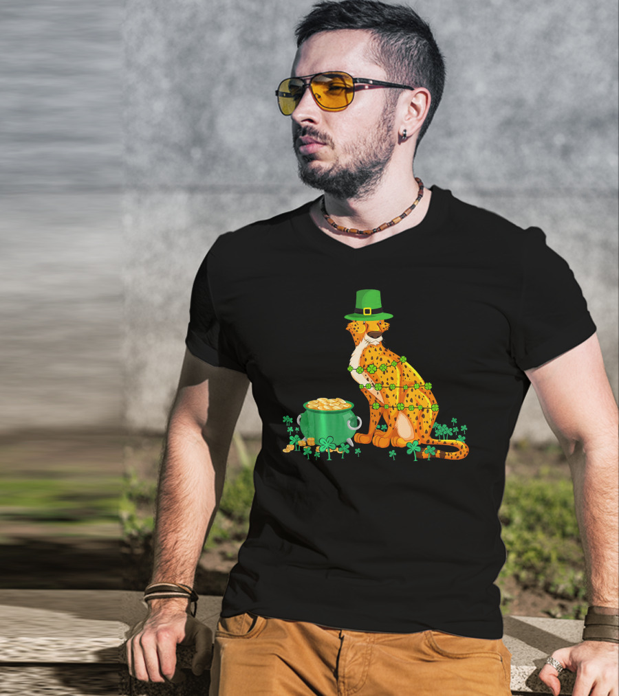 Leprechaun Cheetah Covered In Shamrocks With Pot Of Gold T-Shirt