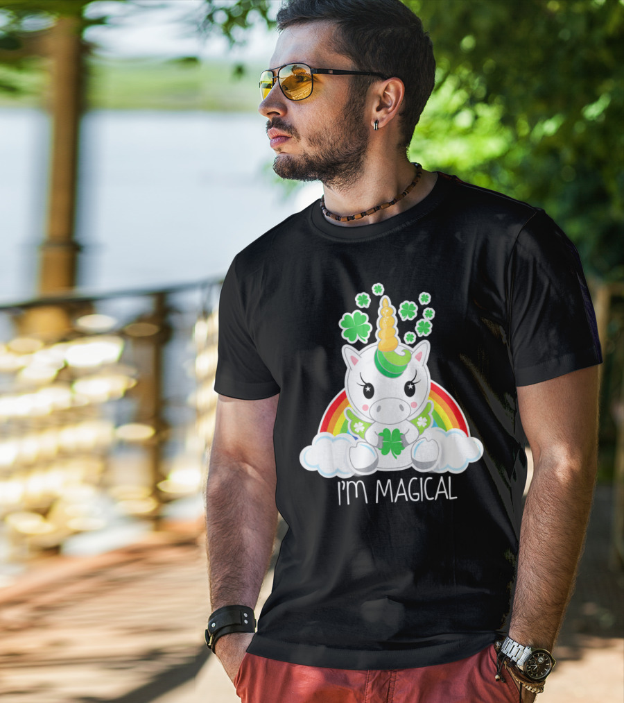 Girls Cute Unicorn I'm Magical Rainbow Clover T-Shirt