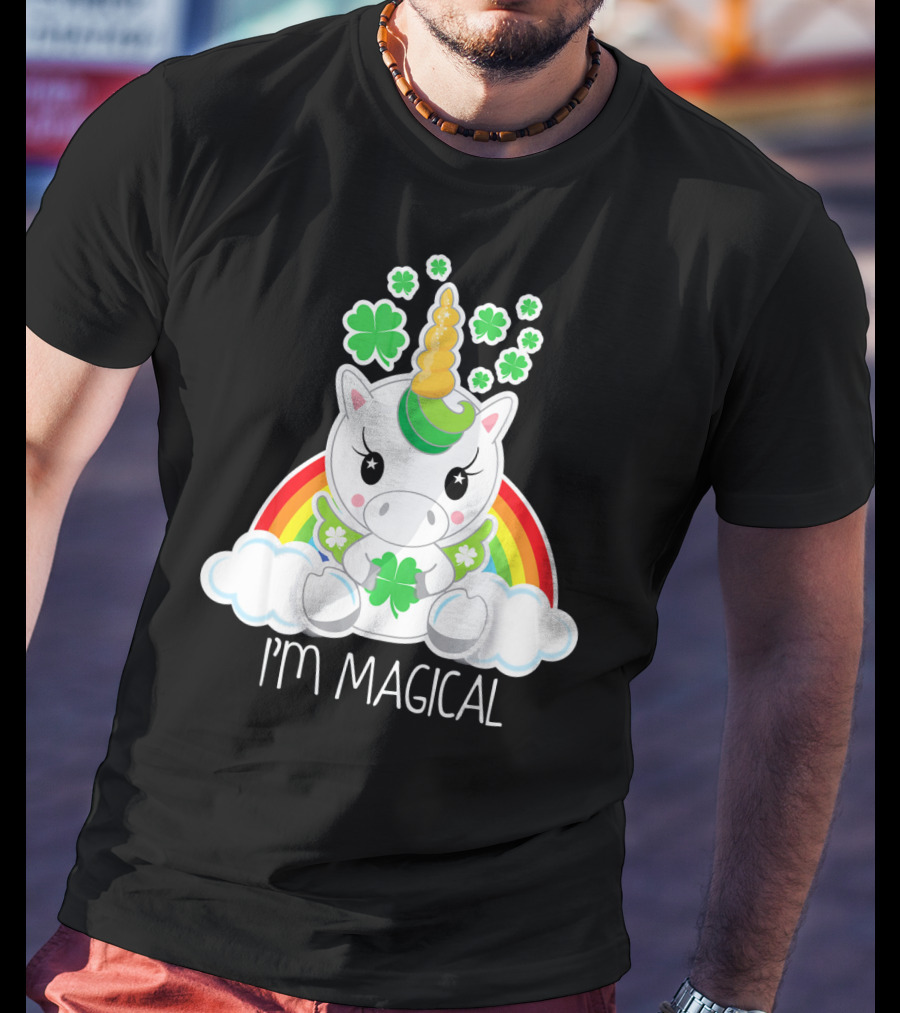 Girls Cute Unicorn I'm Magical Rainbow Clover T-Shirt
