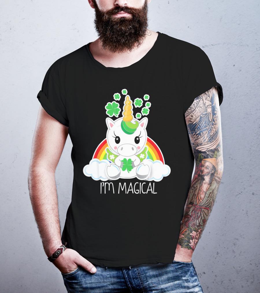Girls Cute Unicorn I'm Magical Rainbow Clover T-Shirt