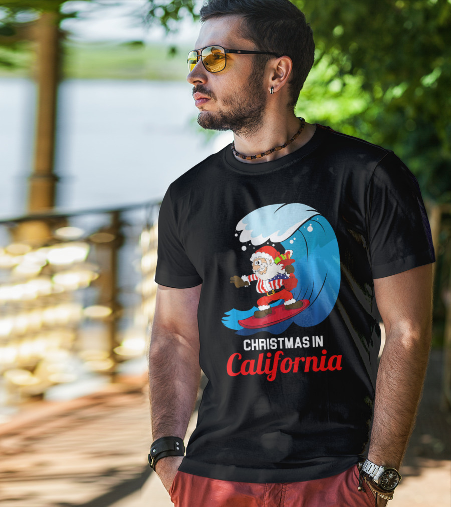 Santa Surfing Christmas In California T-Shirt