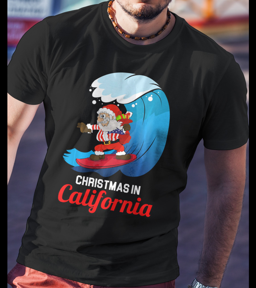Santa Surfing Christmas In California T-Shirt