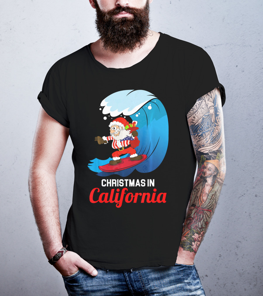 Santa Surfing Christmas In California T-Shirt