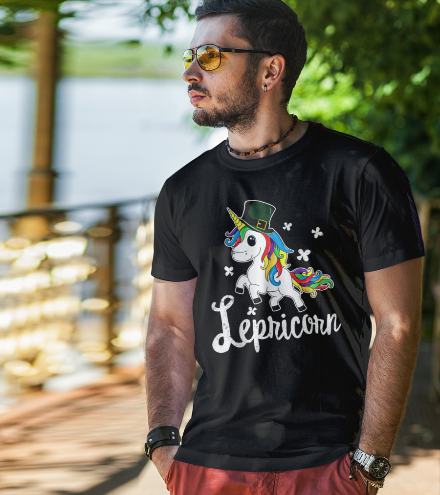Lepricorn St Patricks Day Unicorn With Rainbow Mane And Leprechaun Hat T-Shirt