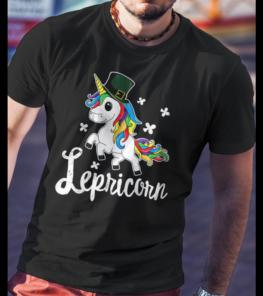 Lepricorn St Patricks Day Unicorn With Rainbow Mane And Leprechaun Hat T-Shirt