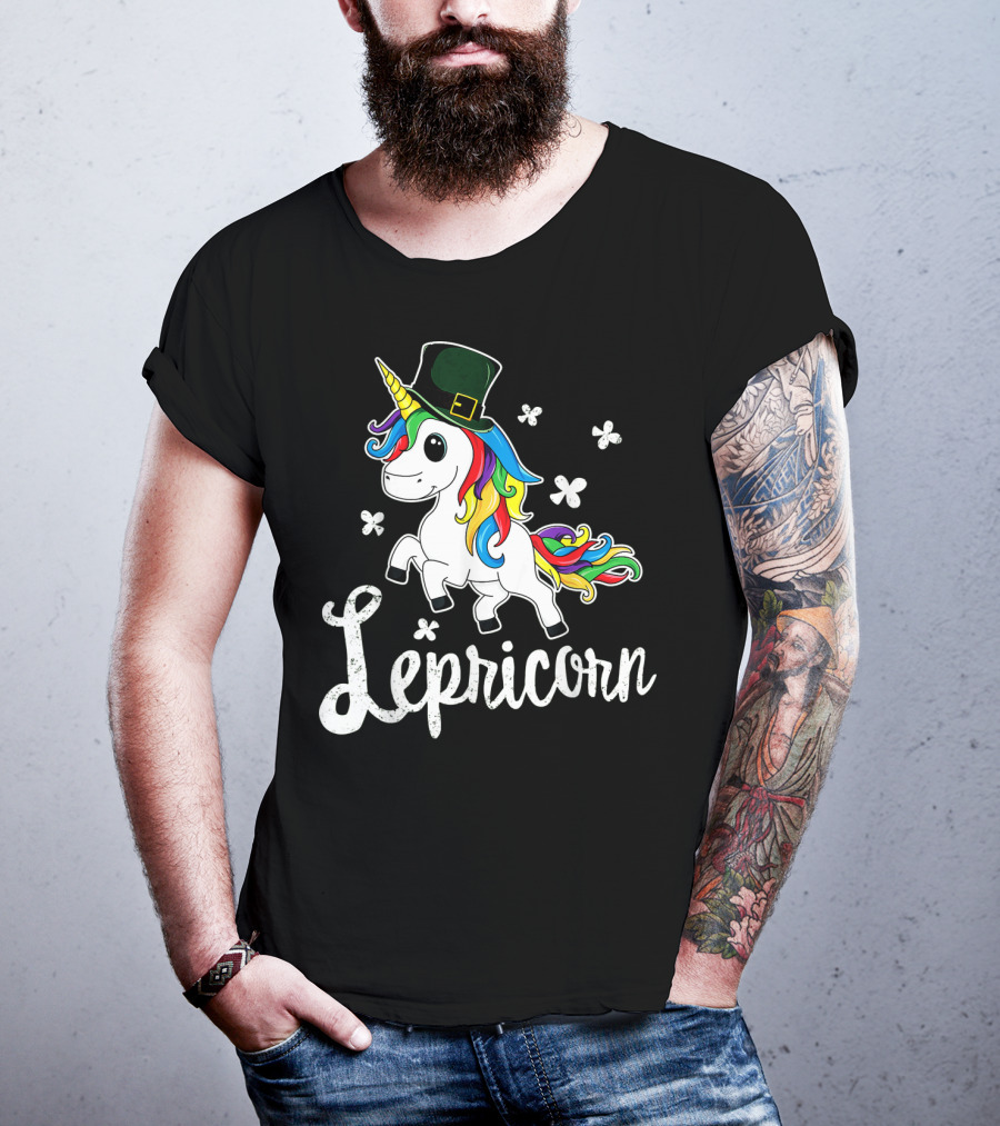 Lepricorn St Patricks Day Unicorn With Rainbow Mane And Leprechaun Hat T-Shirt