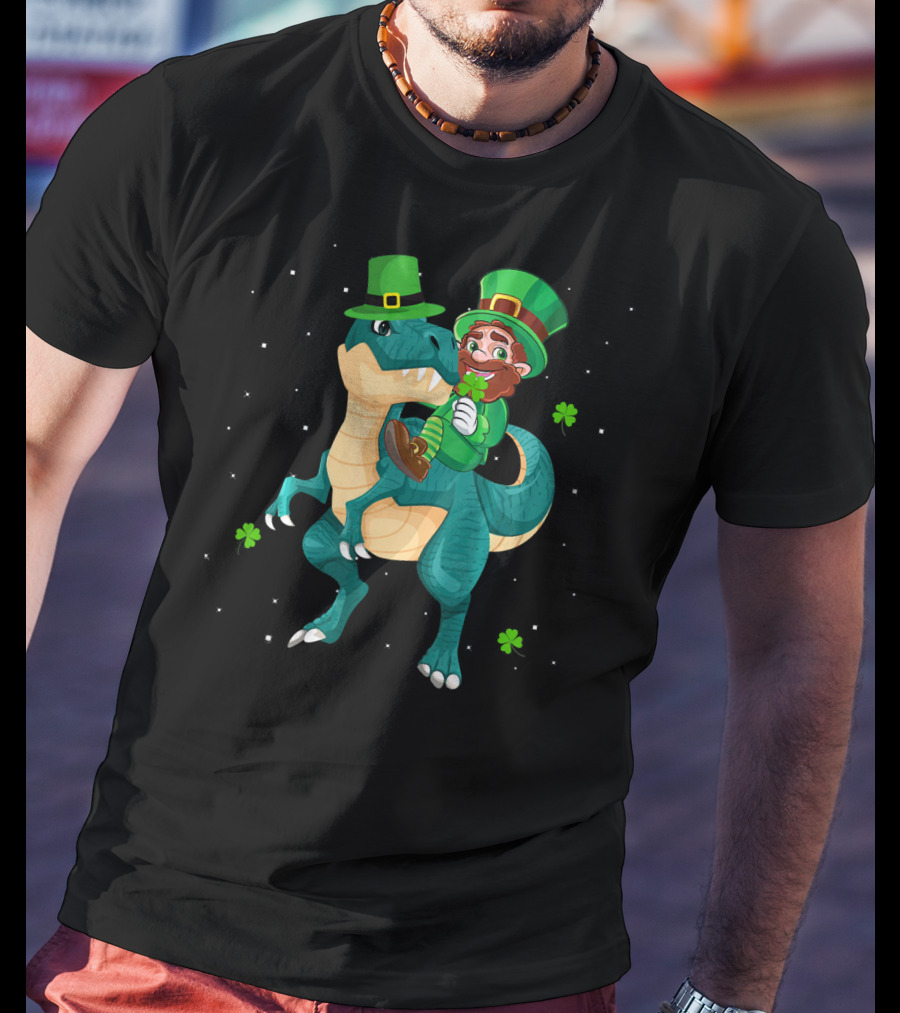 Leprechaun Riding Rex Dinosaur With Shamrocks And Stars T-Shirt