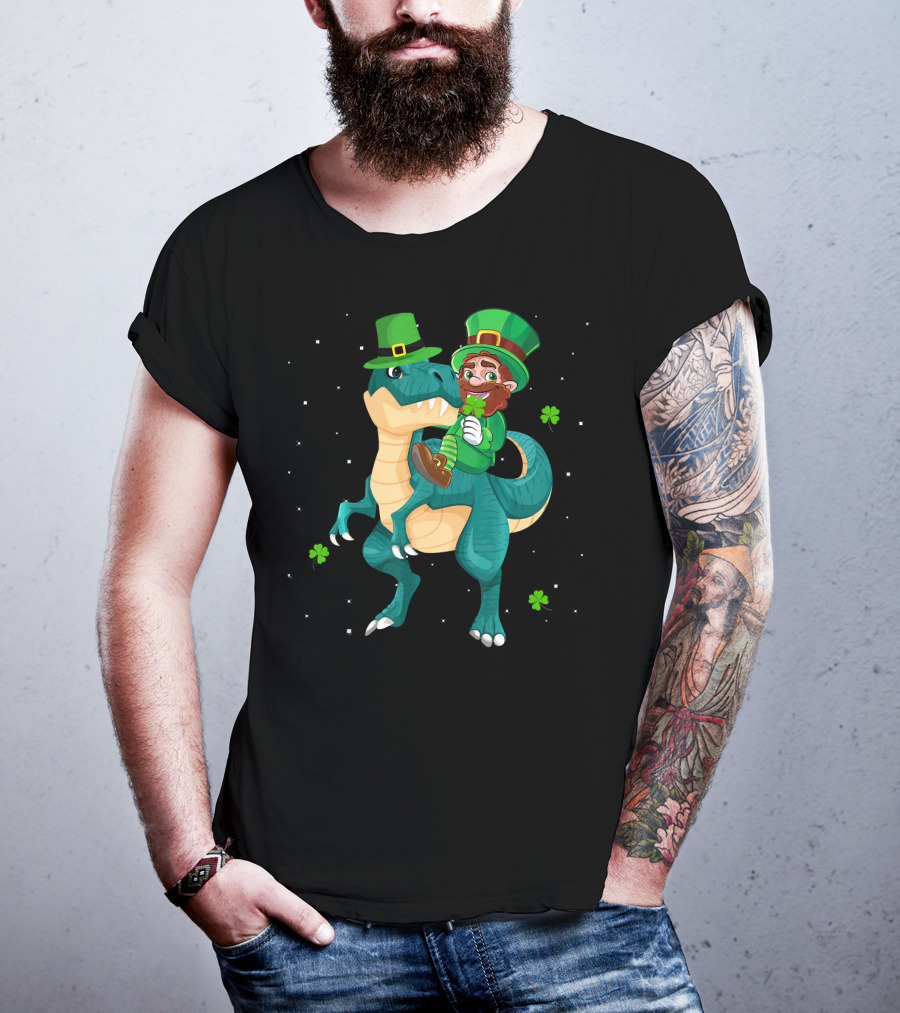 Leprechaun Riding Rex Dinosaur With Shamrocks And Stars T-Shirt