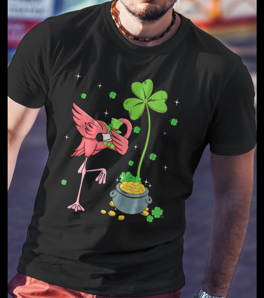 Shamrock Leprechaun Flamingo St Patricks Pot Of Gold T-Shirt
