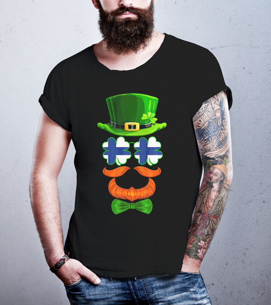 Finland Flag Shamrock Leprechaun Finnish Hat Mustache Bow Tie T-Shirt
