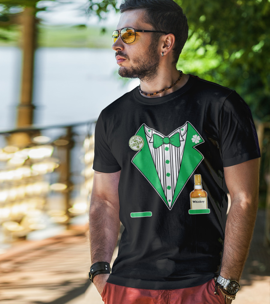 Kiss Me I'm Irish St. Patrick's Day Tuxedo With Whiskey Bottle And Shamrock T-Shirt