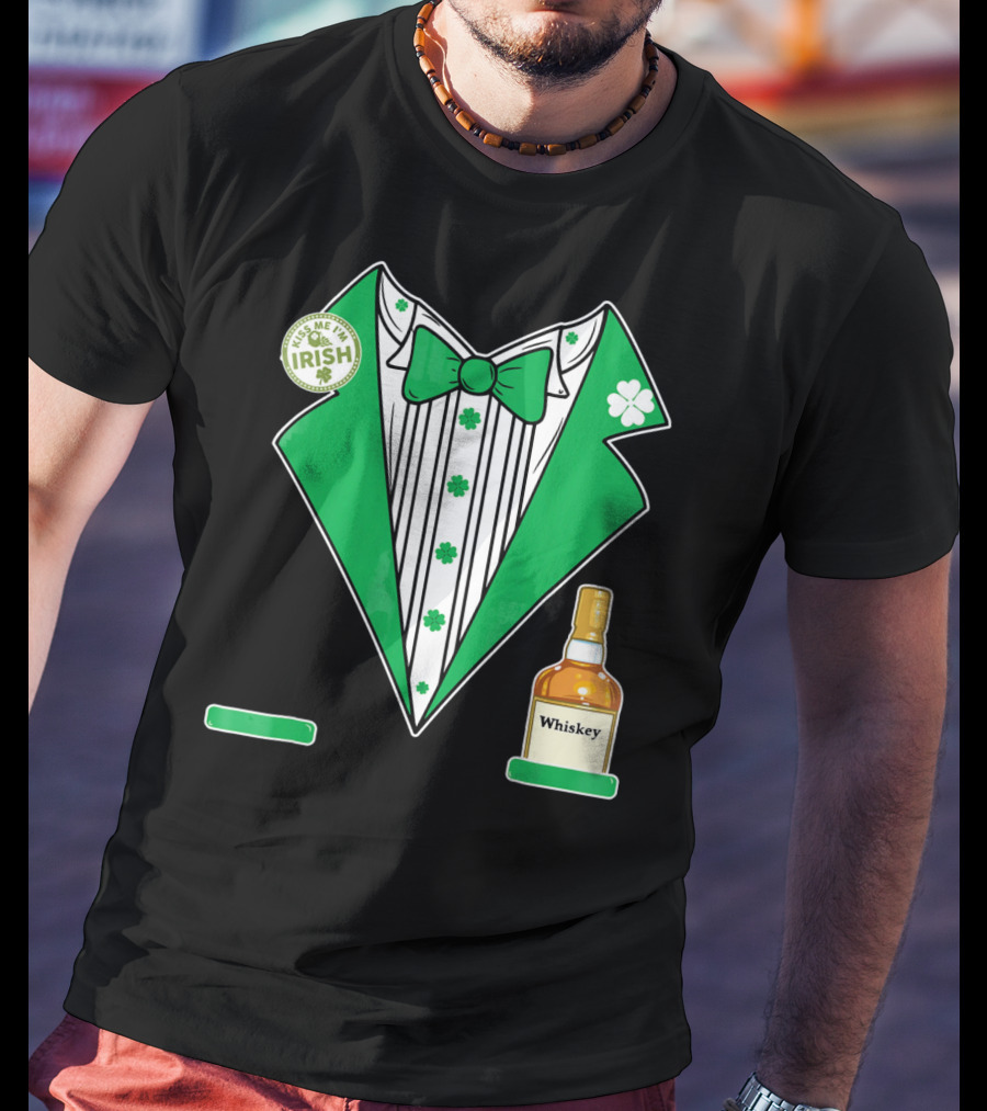 Kiss Me I'm Irish St. Patrick's Day Tuxedo With Whiskey Bottle And Shamrock T-Shirt