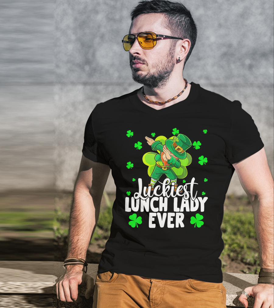 Luckiest Lunch Lady Ever Dancing Leprechaun With Shamrocks T-Shirt