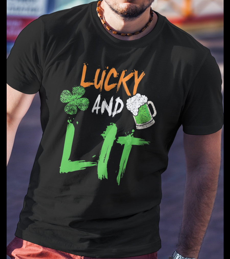Lucky And Lit Irish Flag Shamrock Beer St. Patrick's Day T-Shirt