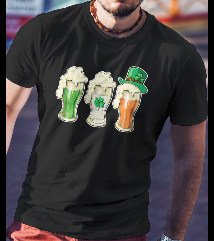 Irish Flag Beer Glasses With Shamrock And Leprechaun Hat T-Shirt