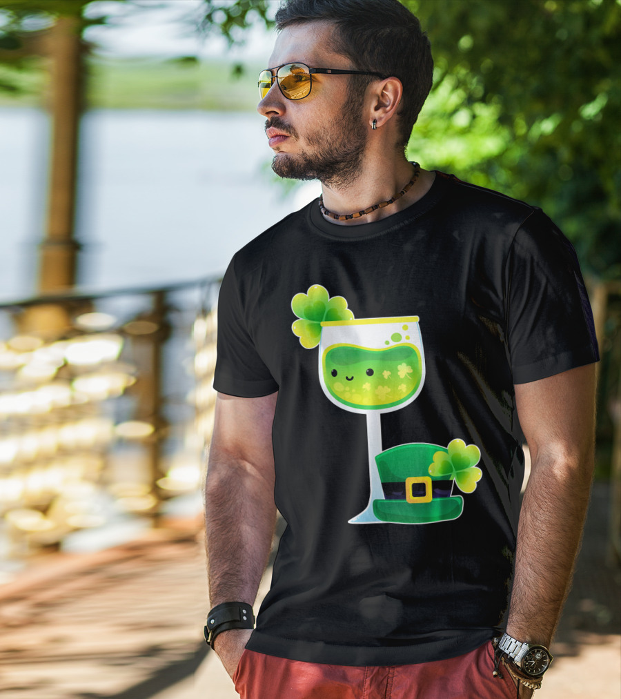 Saint Patrick's Day Green Shamrock Wine Glass With Leprechaun Hat T-Shirt
