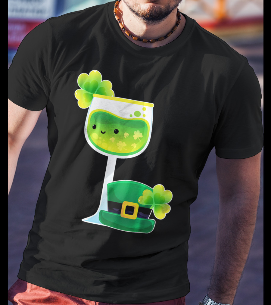 Saint Patrick's Day Green Shamrock Wine Glass With Leprechaun Hat T-Shirt