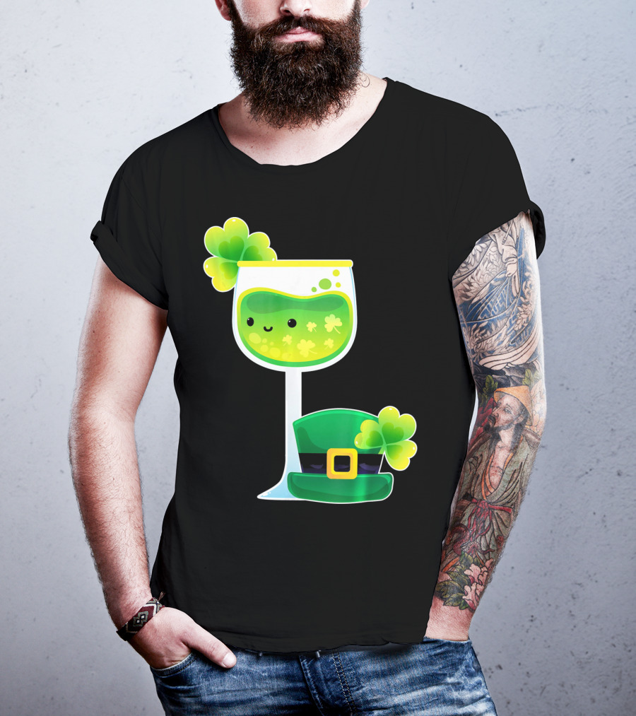 Saint Patrick's Day Green Shamrock Wine Glass With Leprechaun Hat T-Shirt