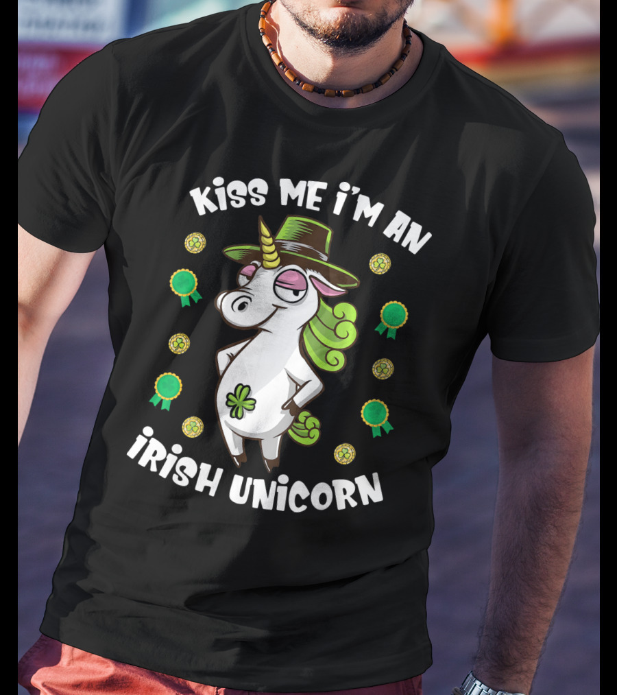Kiss Me I'm An Irish Unicorn Shamrocks And Gold T-Shirt