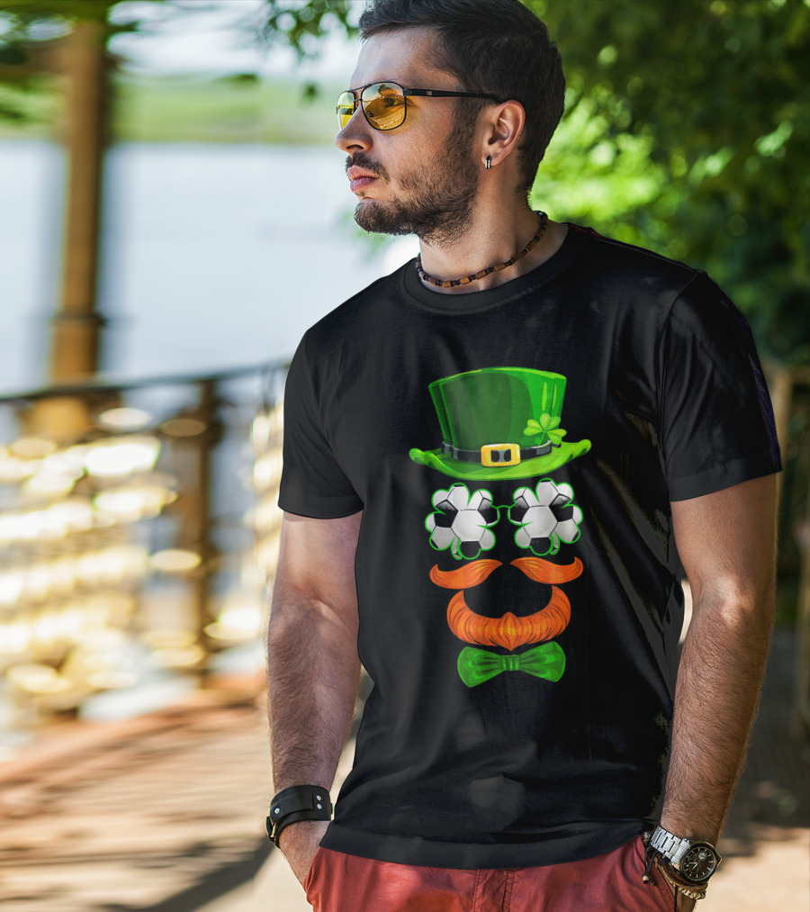 Leprechaun Hat With Soccer Ball Shamrock Glasses And Clover Bowtie T-Shirt