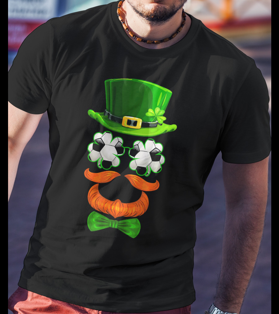 Leprechaun Hat With Soccer Ball Shamrock Glasses And Clover Bowtie T-Shirt