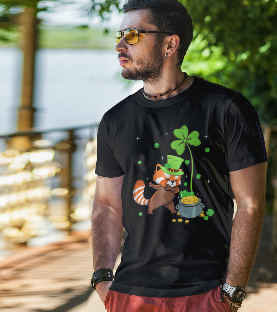 Shamrock Leprechaun Red Panda Pot Of Gold St Patrick's Day T-Shirt